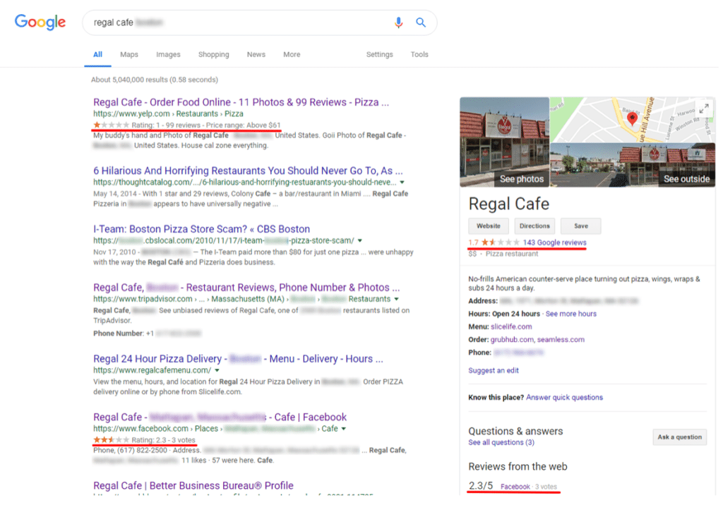 screenshot of Regal cafe search engine results page