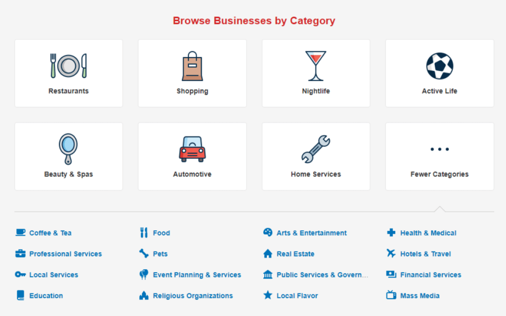 Screenshot of Yelp business categories