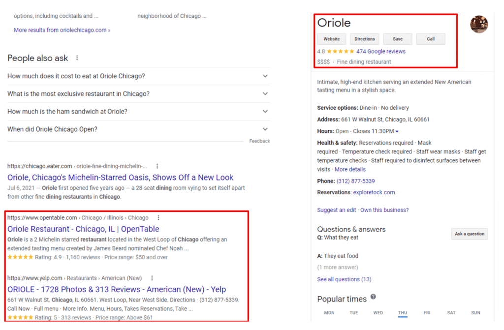 Screenshot of Oriole restaurant search result