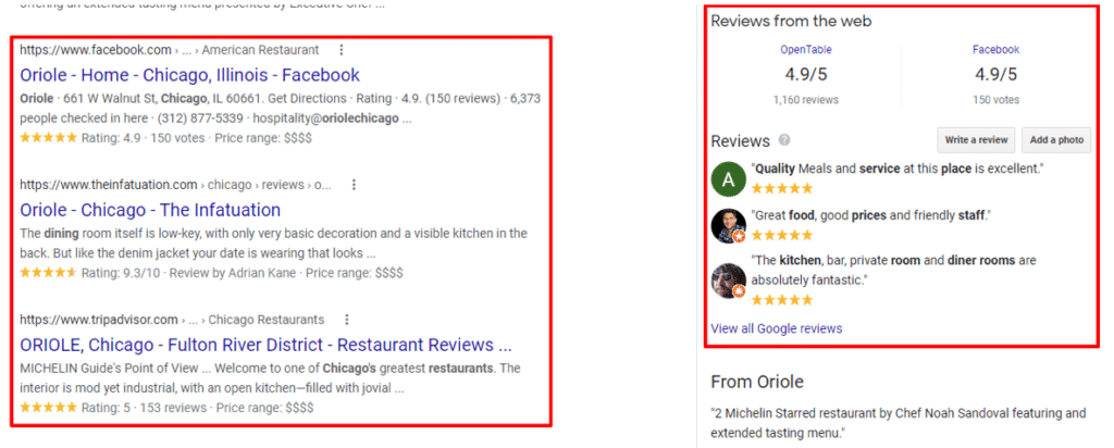 Screenshot of Oriole restaurant review sites