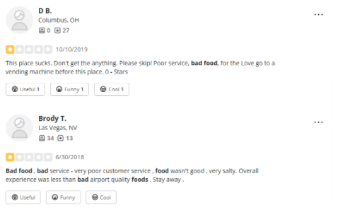 Screenshot of Yelp filter reviews bad food